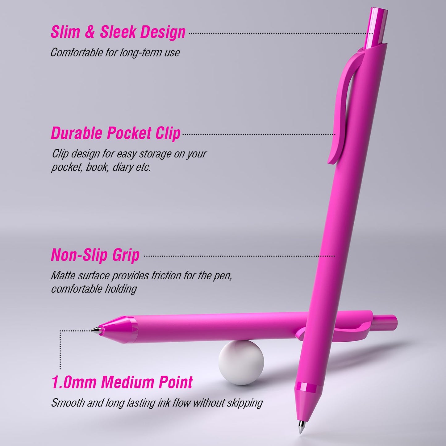 InkSlick Pink Ink Pens Bulk 50 Pack 1.0mm Ballpoint Pen for Smooth Writing