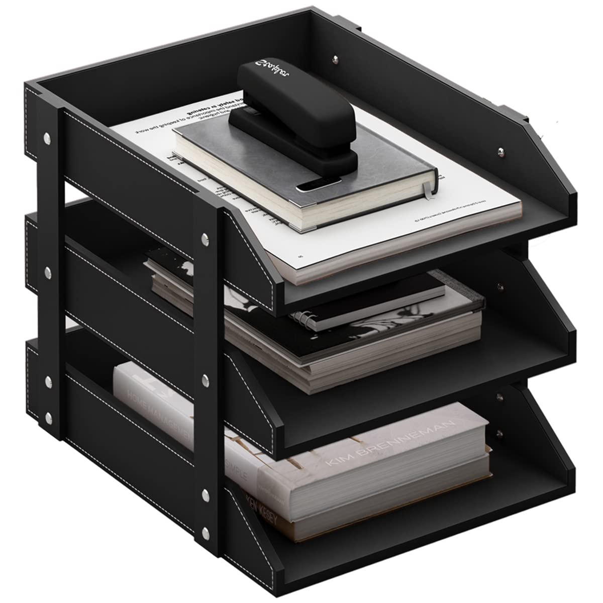 Leather Desk Organizer, Thipoten 3-Tier Stackable Letter Tray Holder for Office Supplies, Paper