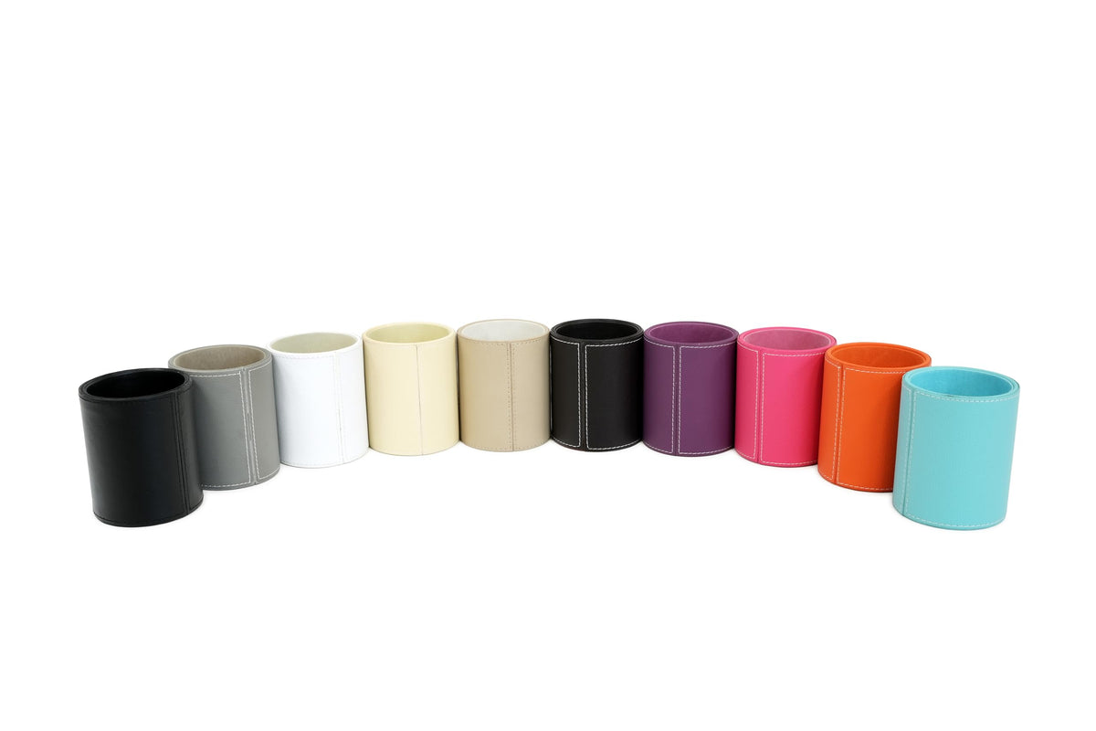 Osco Faux Leather Pen Pot, Desk Pencil Holder with Wipe-Clean Finish, Compact Round Desk Organizer