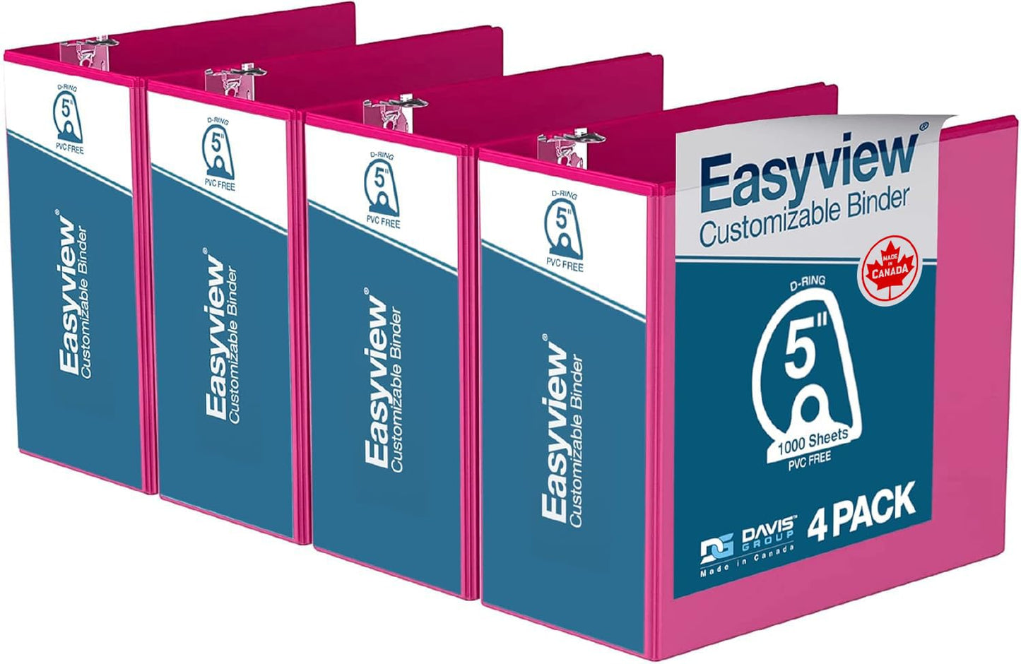 Easyview 3-Ring Binder, Clear-View Cover, 5" D Rings, Pink, 4 Pack