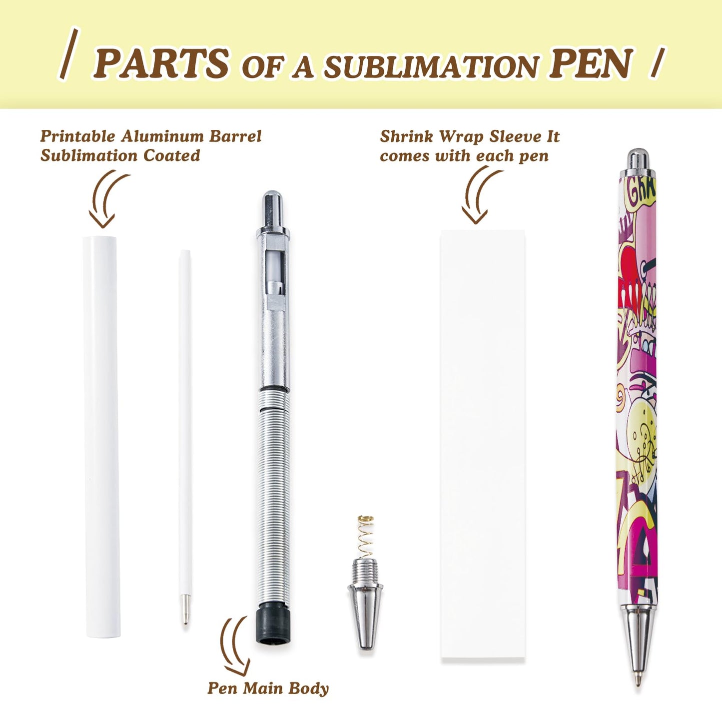 45 Pcs Sublimation Pens Blank With Shrink Wrap, No Clip Ballpoint Pen Bulk