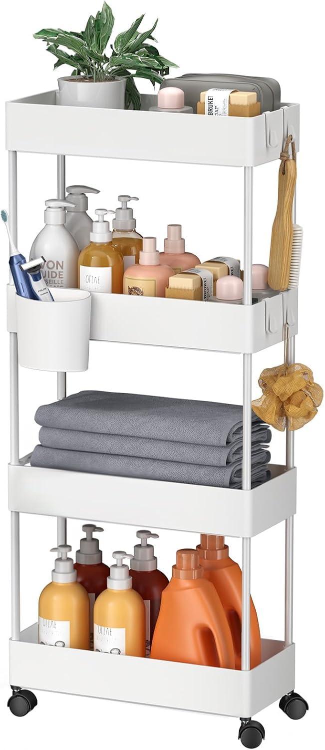 Pipishell 4 Tier Slim Storage Cart with Wheels, Laundry Cart, White