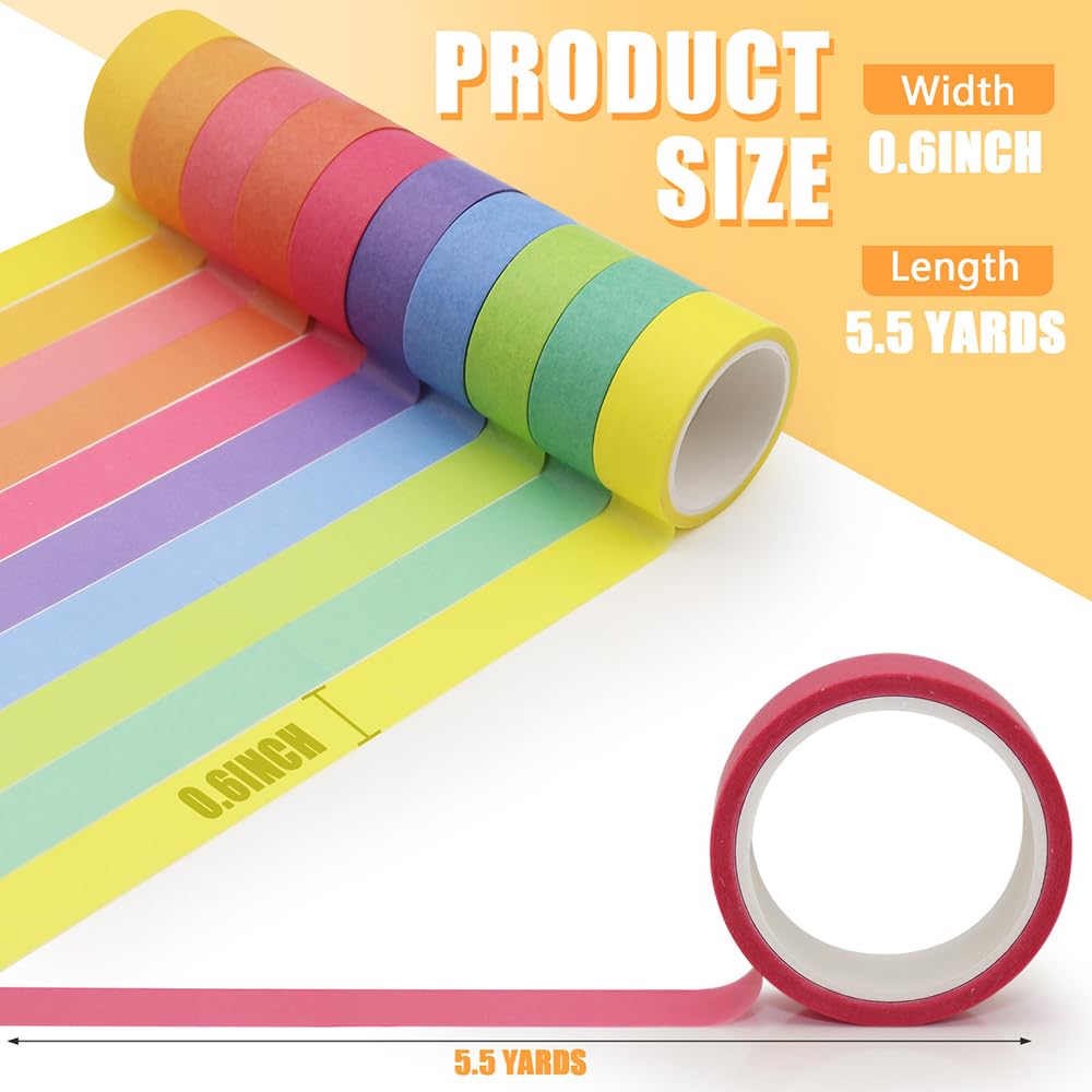 Baijixin Washi Tape Set 20 Rolls - 15 mm Rainbow Colors Decorative Tape