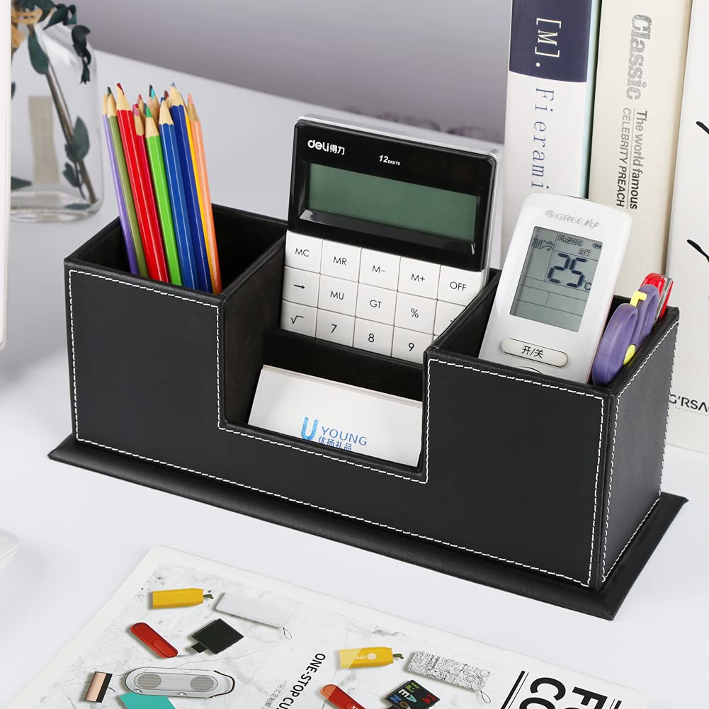 KINGFOM™ Double Holder Leather Multi-Function Desk Stationery Organizer Pen Pencil Holder Black