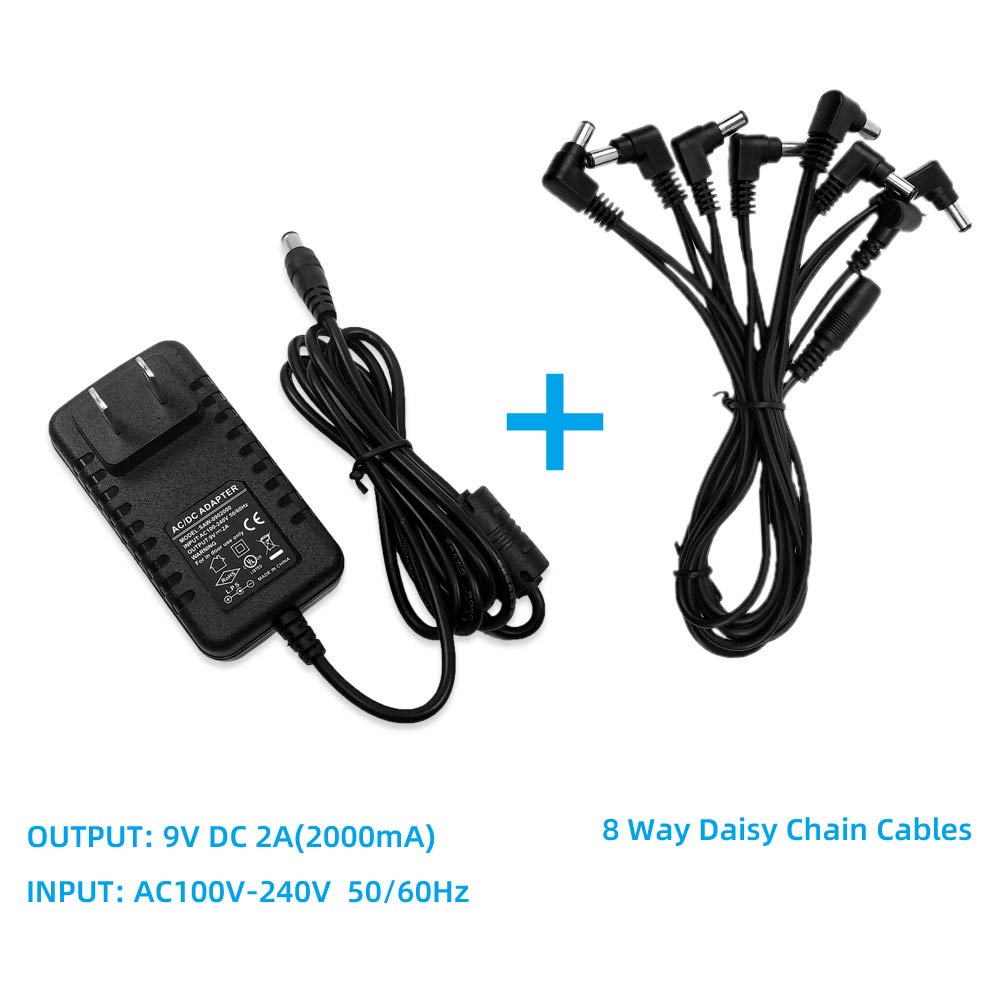 pigtone Pedal Power Supply Adapter 9V DC 2A 2000ma Tip Negative 8 Way Daisy Chain Cables for Guitar