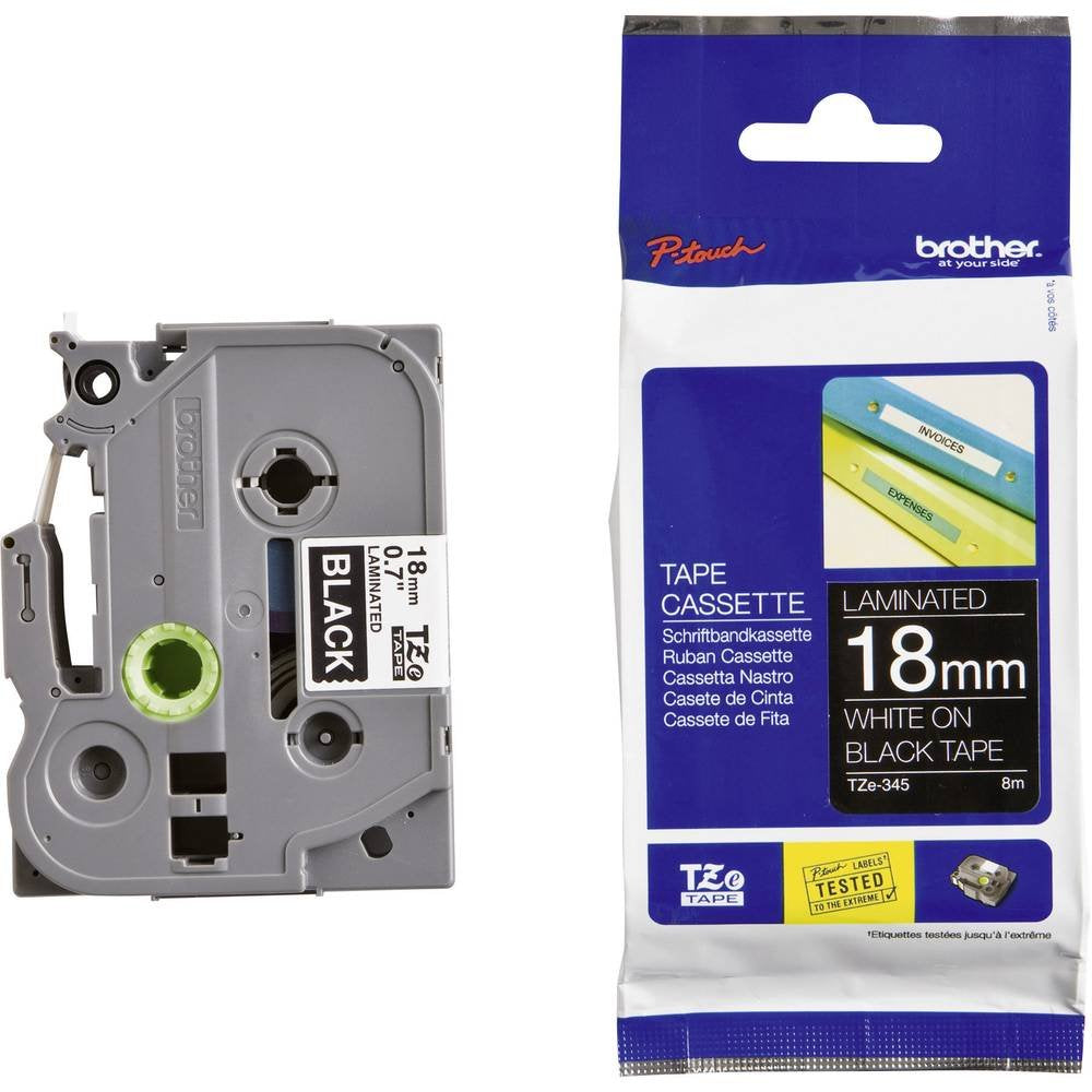 Brother Mobile TZE345 P-Touch Standard Laminated Tape, 3/4" W x 26.2' L, White on Black