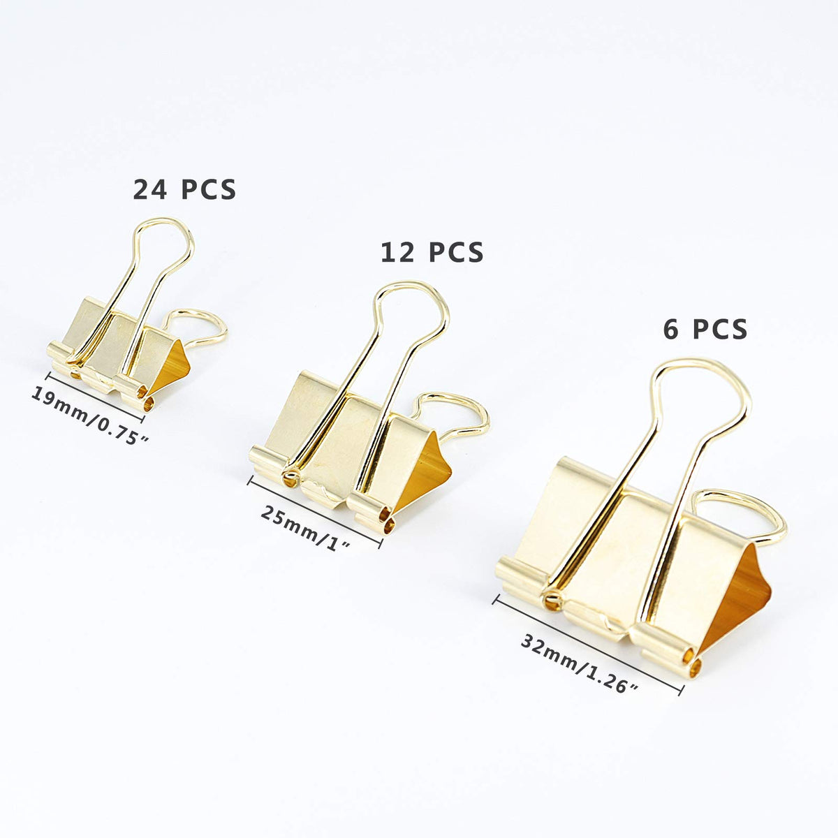Gold Binder Clips Paper Clamps, Assorted Sizes Set (Small, Medium, Large) for Office School and