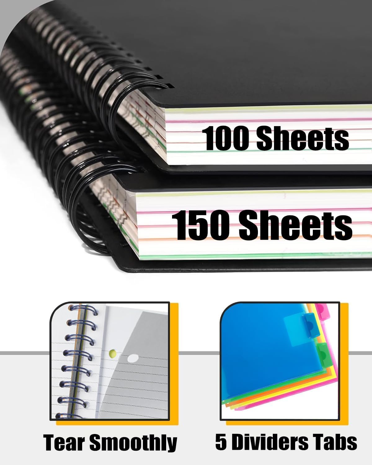 MOWEE 5-Subject Spiral Notebook, College Ruled, with Pocket & Tab Dividers