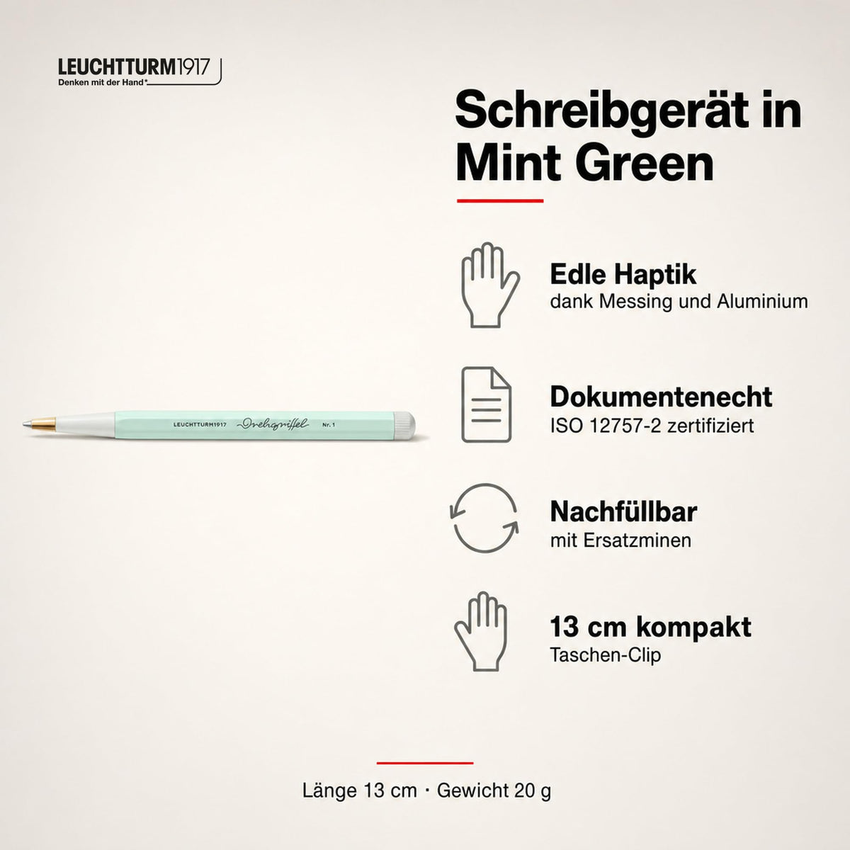 LEUCHTTURM1917 - Drehgriffel Writing Pen (Mint Green) - Ballpoint Pen with Royal Blue Ink Included