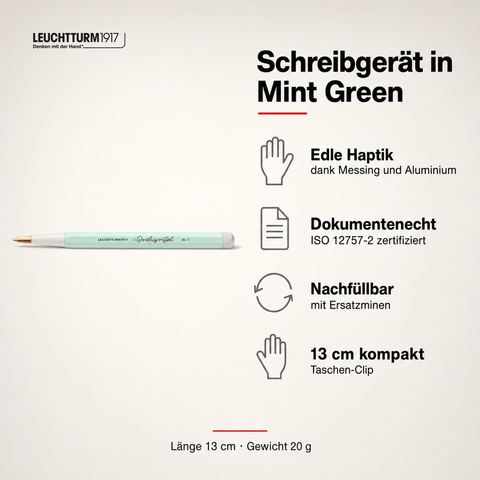 LEUCHTTURM1917 - Drehgriffel Writing Pen (Mint Green) - Ballpoint Pen with Royal Blue Ink Included