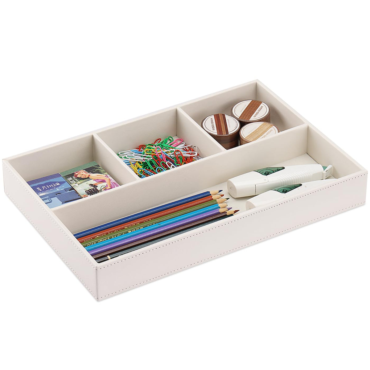 KINGFOM PU Leather Desk Drawer Organizer, 4 Compartment Office Supplies Stationery Storage Tray