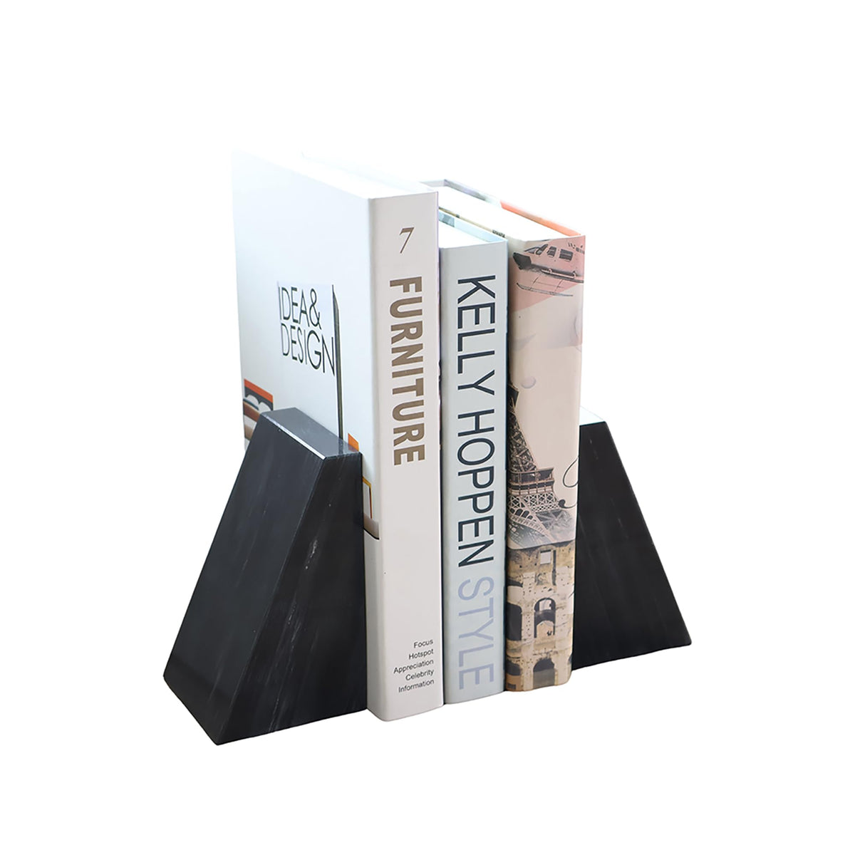 Fox Run 100% Natural Polished Marble Bookends, Black, Set of 2, Smaller Triangular