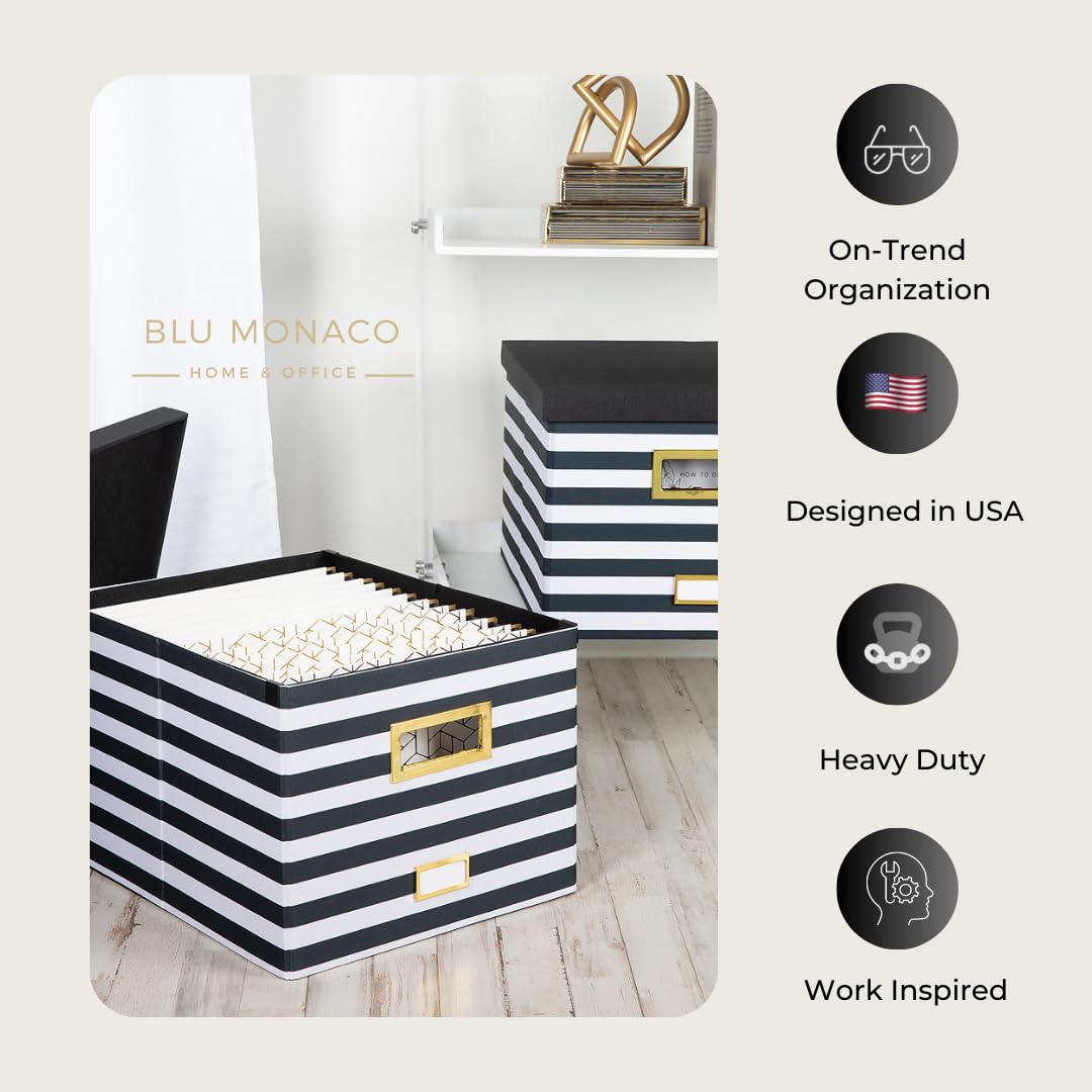 BLU MONACO | Decorative Hanging File Box with Lid | File Bins with Lids for Desk Storage | Desktop