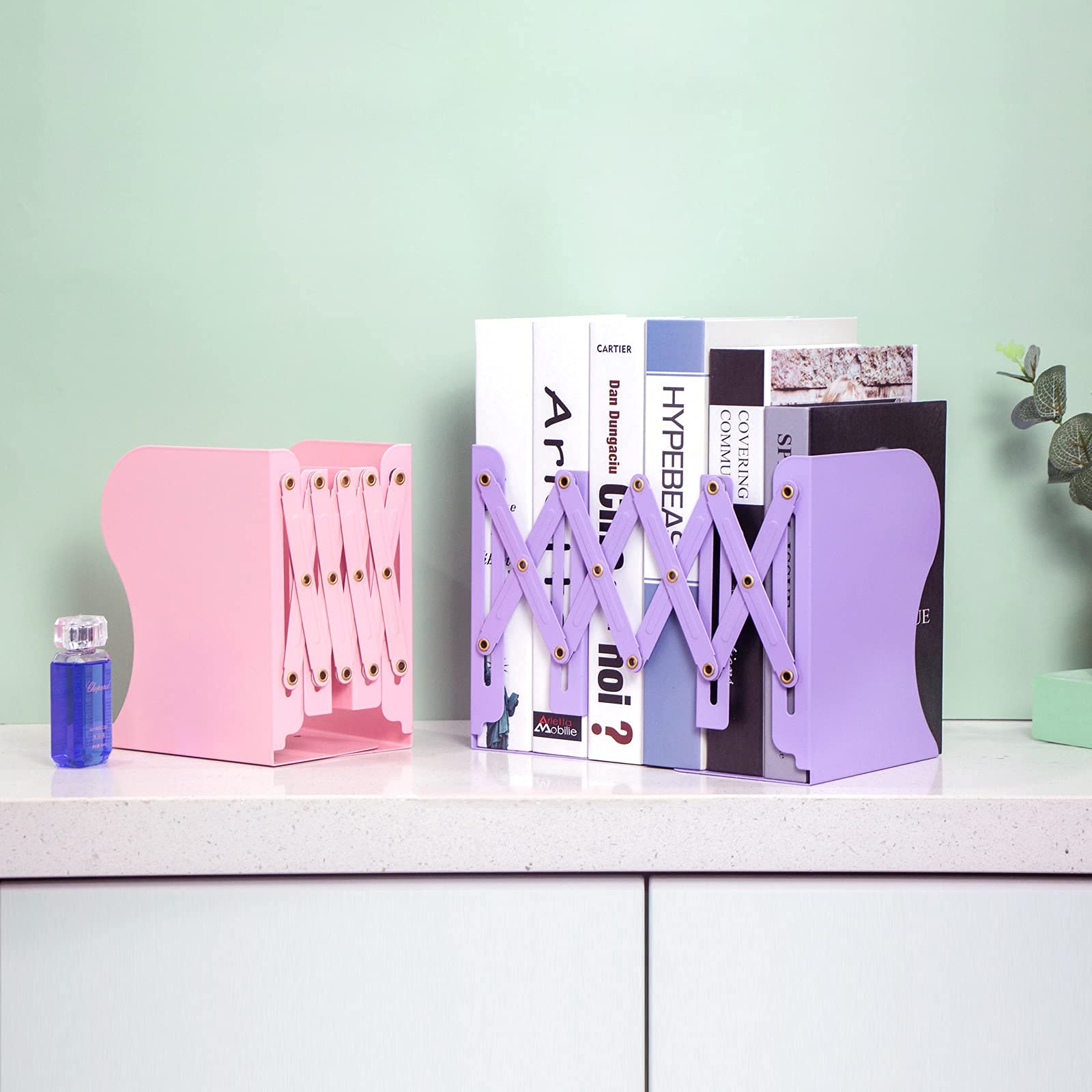 Aobopar Adjustable Metal Book Ends for Shelves Pink