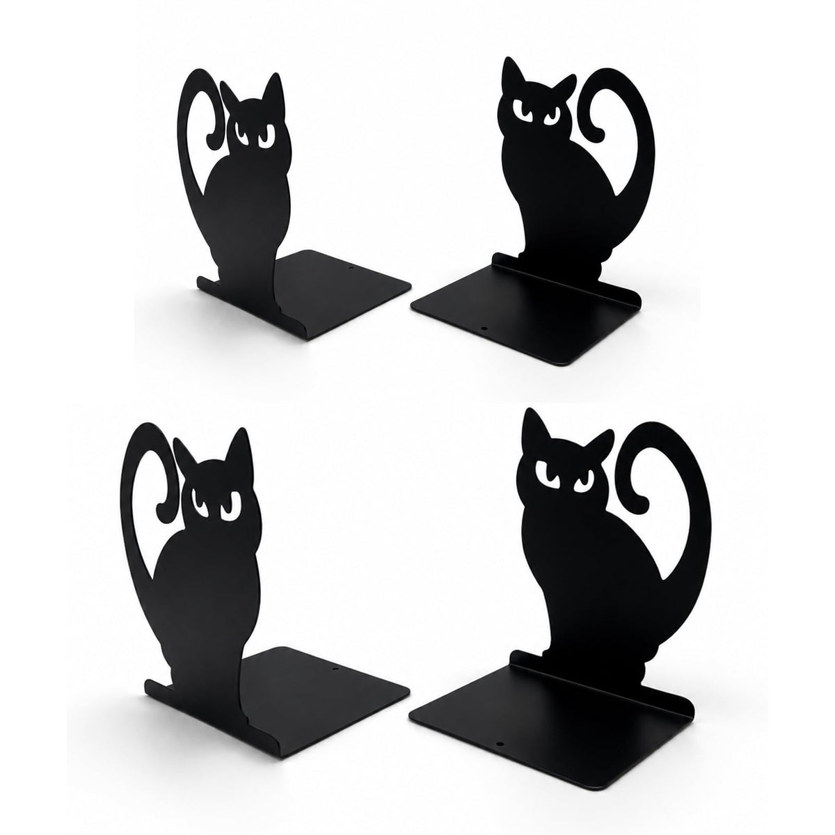 Black Cat Metal Bookends Set of 4 for Shelves, Decorative Book Ends Heavy Duty Non Slip Book Holder