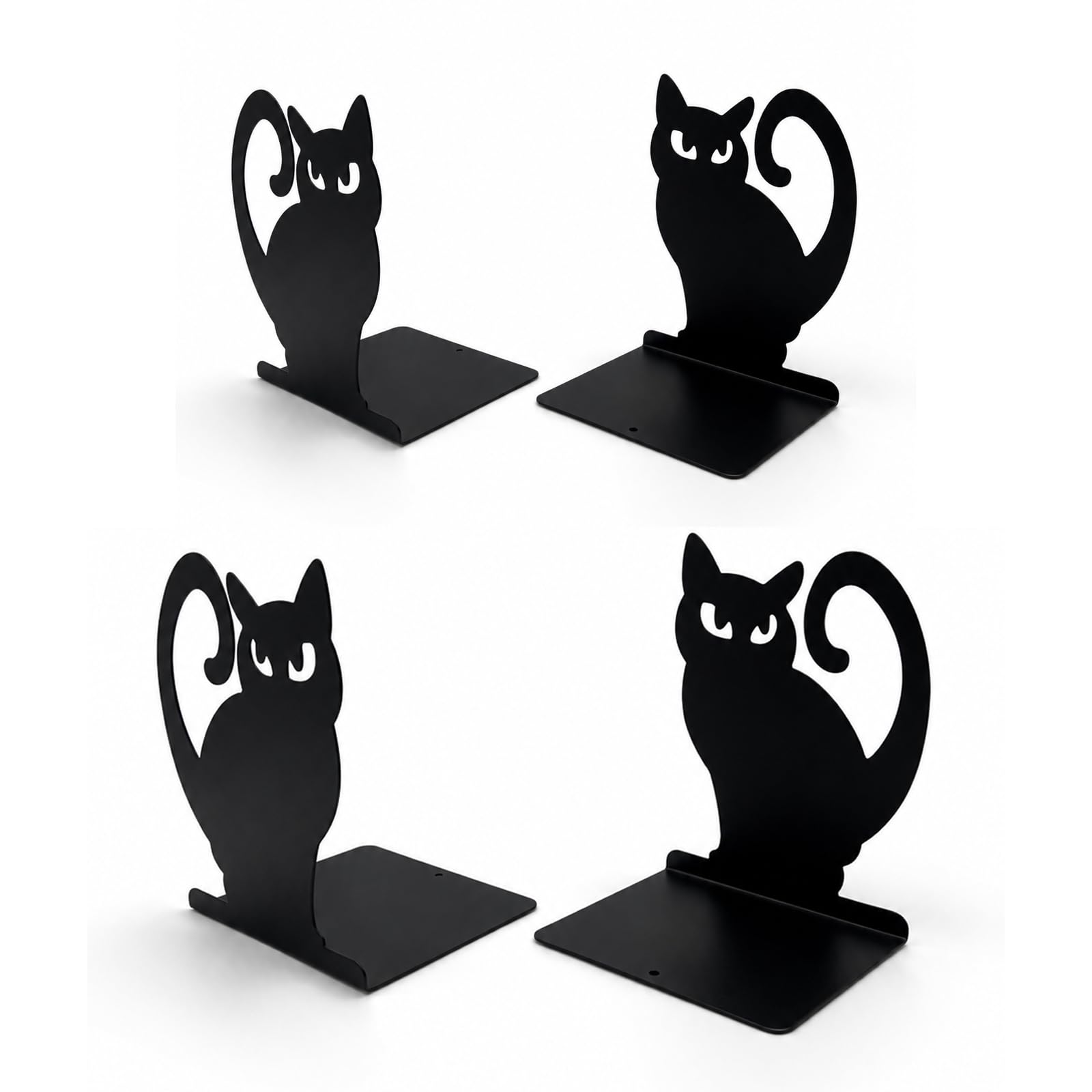 Black Cat Metal Bookends Set of 4 for Shelves, Decorative Book Ends Heavy Duty Non Slip Book Holder