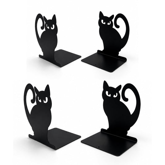 Black Cat Metal Bookends Set of 4 for Shelves, Decorative Book Ends Heavy Duty Non Slip Book Holder