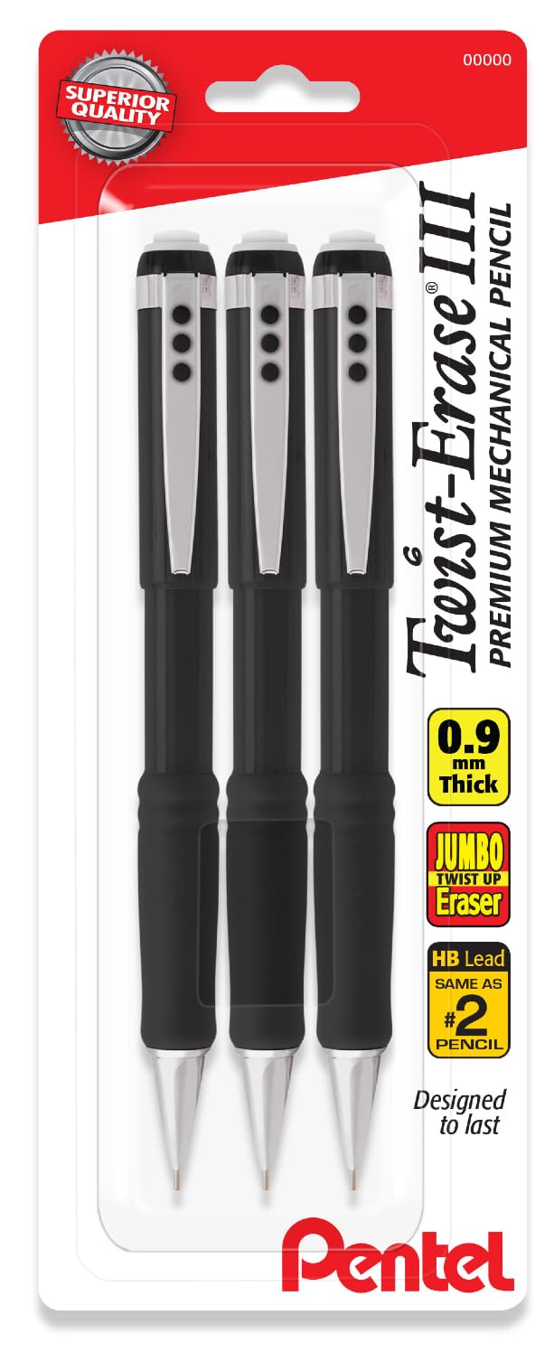 Pentel Mechanical Pencil 0.9 mm Twist Erase III, Twist Up Eraser, Pre-Loaded Super Hi-Polymer HB