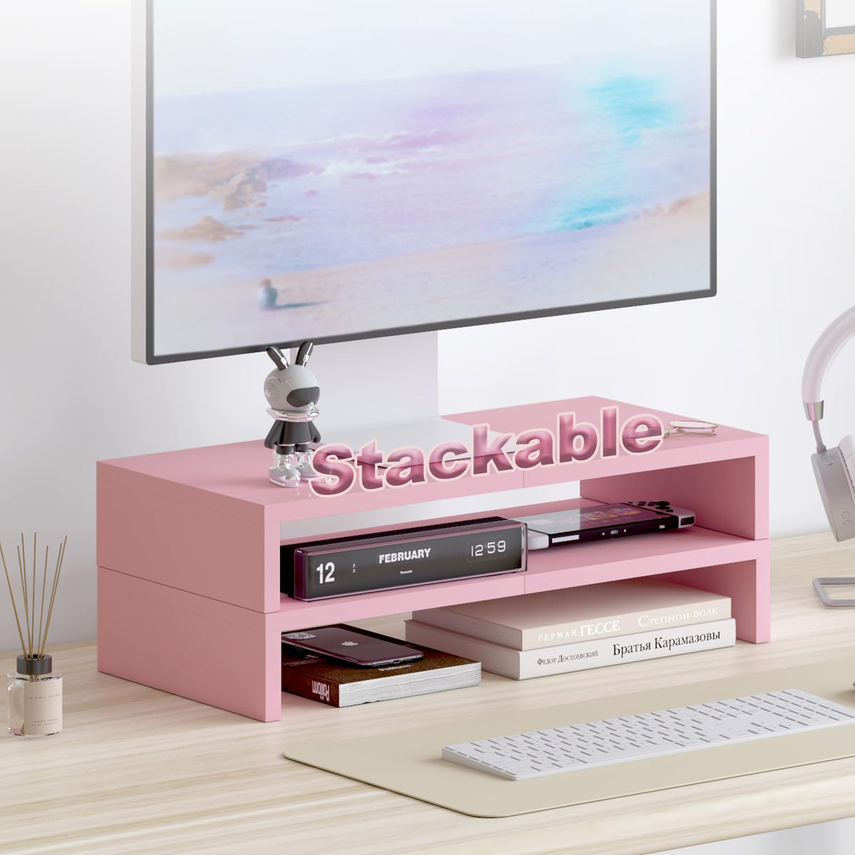 TEAMIX 2 Pack Pink Monitor Riser-20L inch, Cute Monitor Stand for Desk, Wood Sturdy