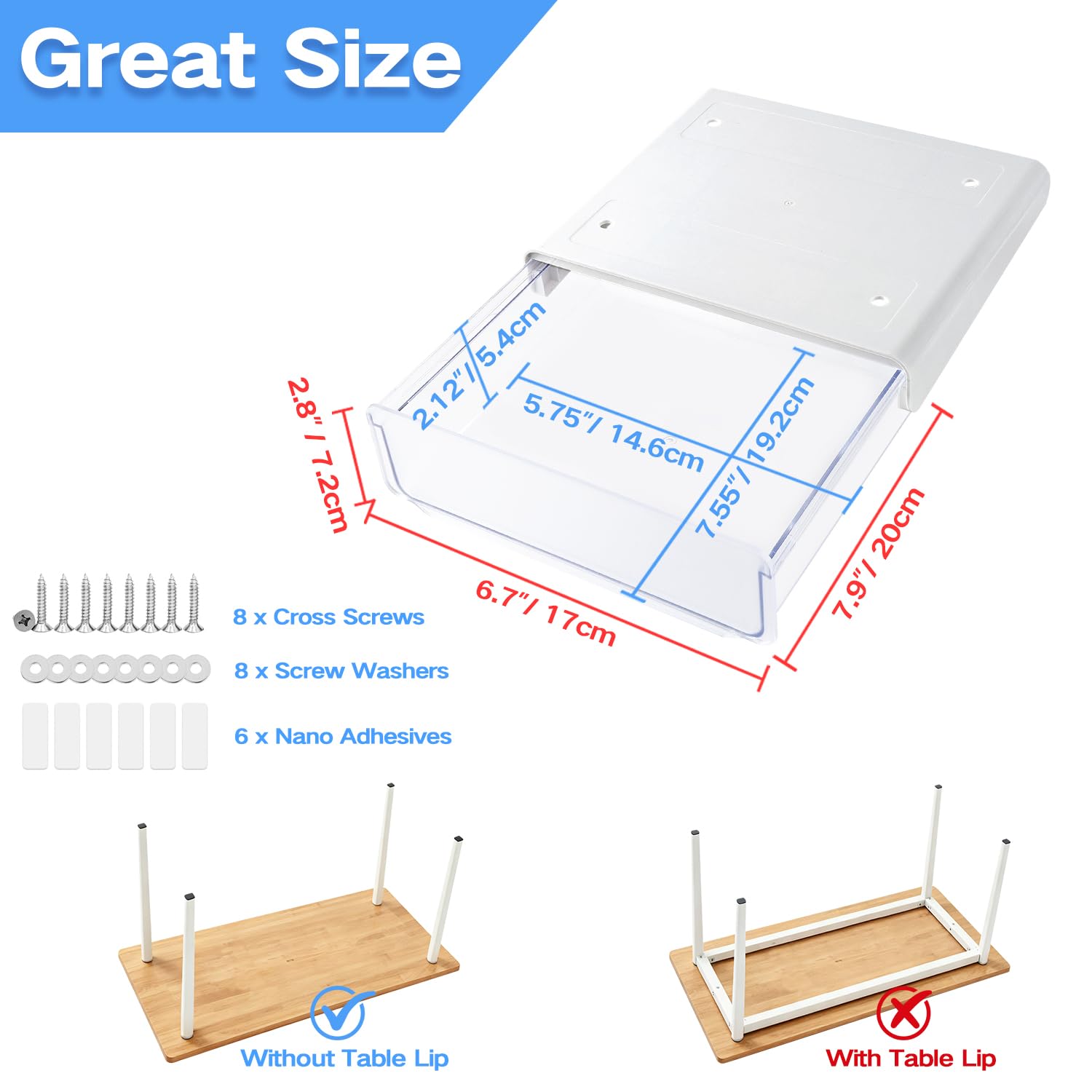 OSPNIEEK Self-adhesive Under Desk Drawer Organizer, 2 Pack Table Hidden Slide Out Large Storage
