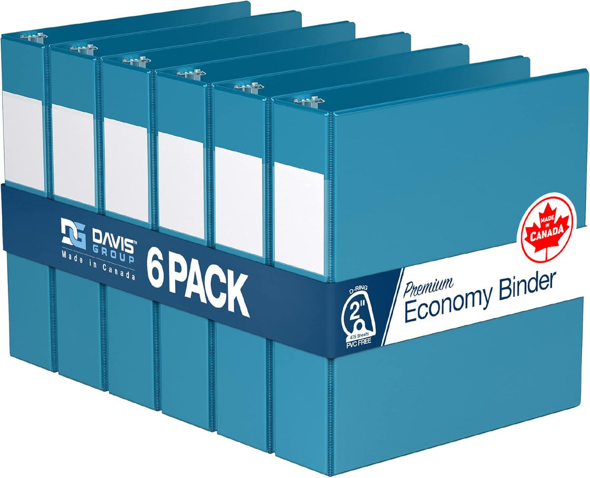 Premium Economy 3-Ring Binder, Spine Label, 2" D Rings, Turquoise, 6 Pack