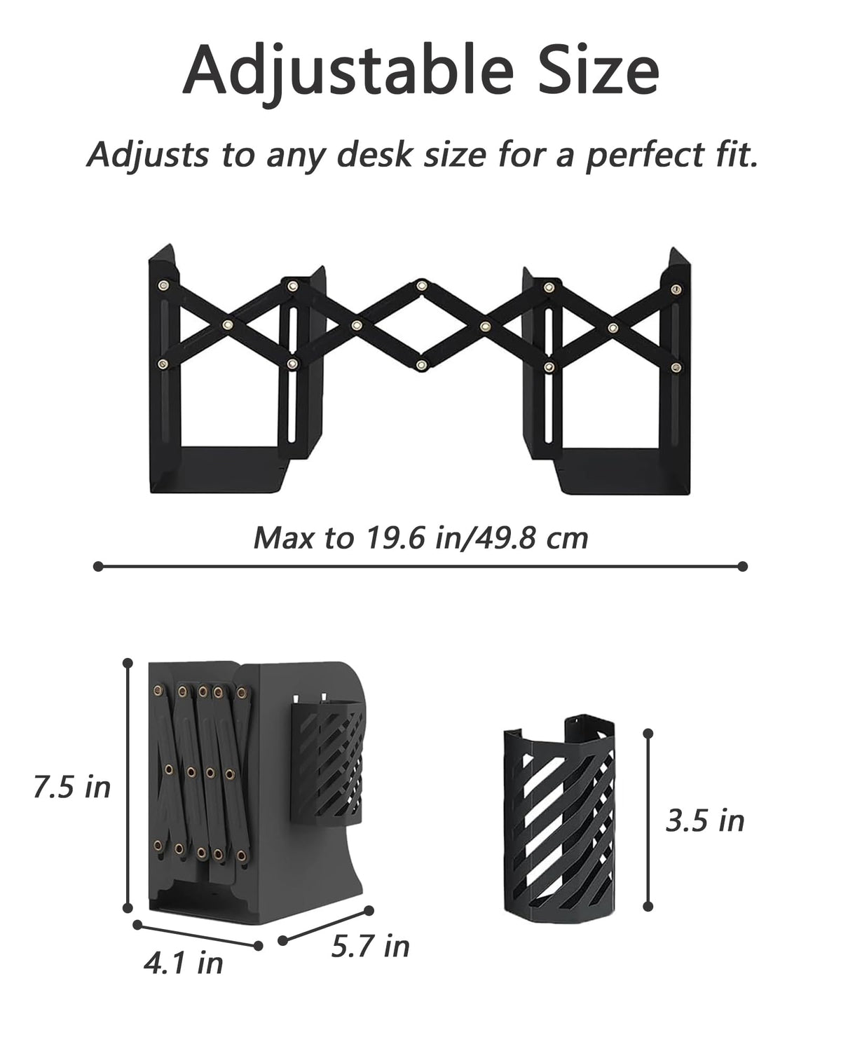 Kingsmile Book Ends, Adjustable Heavy Duty Metal Book Stoppers with Pen Holder for Desk Office