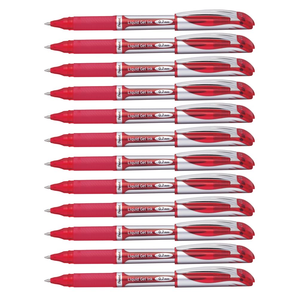 Pentel ENER-GEL Deluxe Liquid Gel Pen, Medium Line, Metal Tip, Red Ink, Box of 12 (BL57-B)