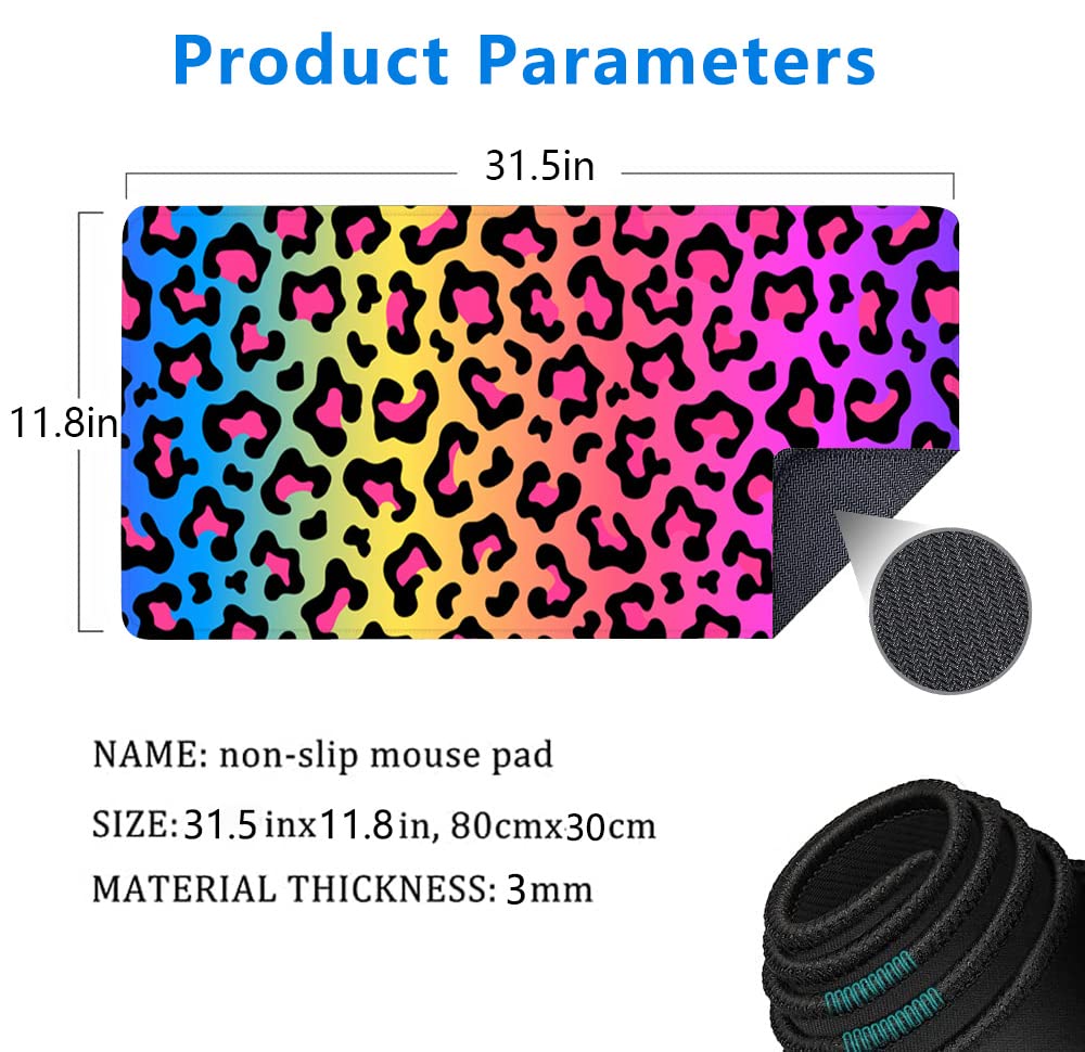 Hanazaoa Large Mouse Pad,Neon Rainbow Leopard Print Large XL Desk Mat Extended Waterproof Mouse Mat