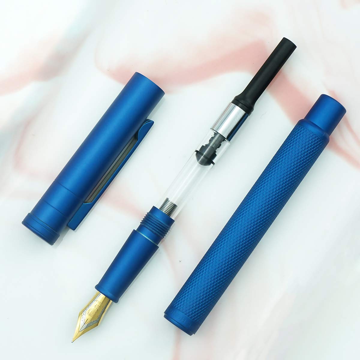Asvine Blue Forest Fountain Pen Fude Pen Bent Nib, Classic Design with Converter and Metal Pen