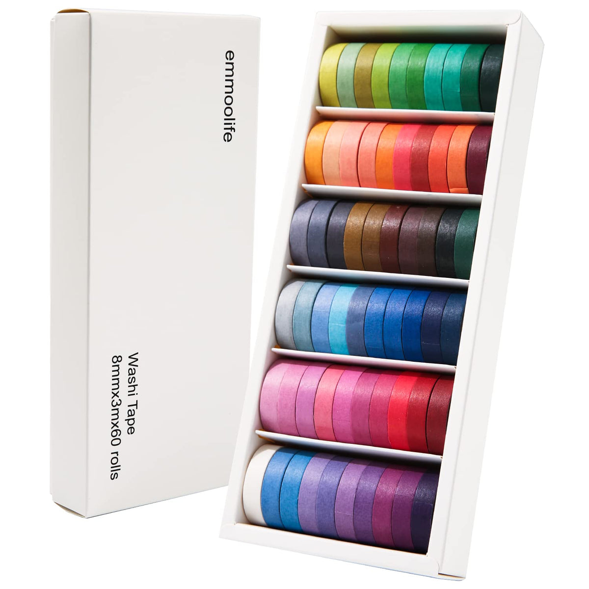 60 Rolls Washi Tape Sets 8mm Wide 10ft Long Basic Solid Color Rainbow Colored Decorative Thin