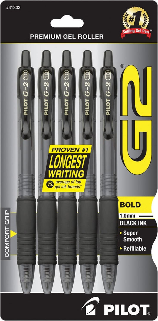 Pilot G2 Retractable Premium Gel Ink Roller Ball Pens Bold Point (Black, 10-Pack)