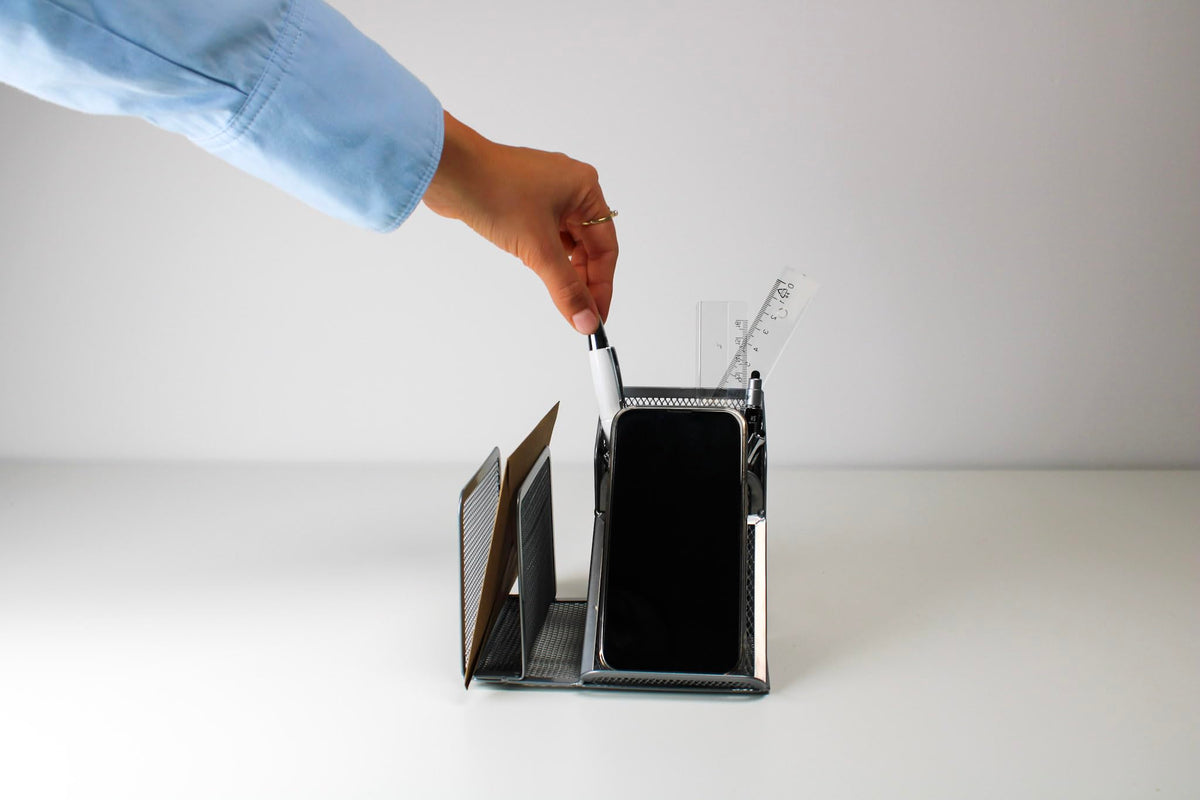 WEDO Butler Office 65554 Pen Holder 4 Compartments and Slant Tray Wire Metal Silver