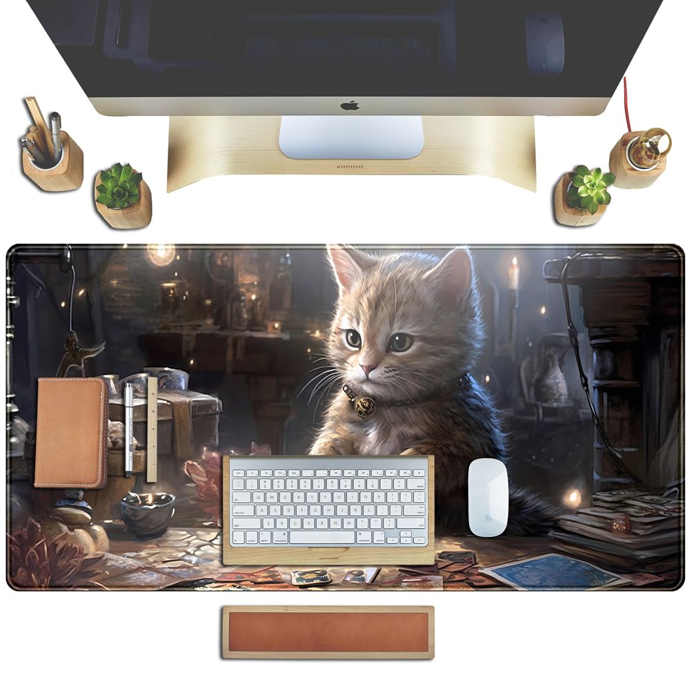 Lotus Cat XL Extended Large Gaming Mouse Pad - Black Magic Mystical Zone Gaming Desk Mat - Computer