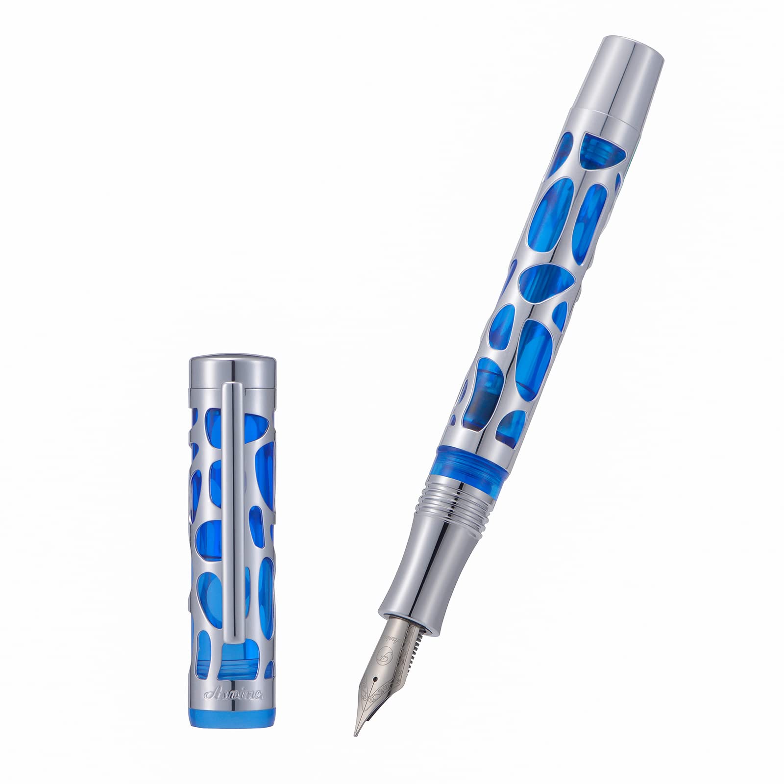 Asvine V169 Vacuum Filling Fountain Pen Medium Nib, Water Drop Skeleton Transparent Blue Acrylic
