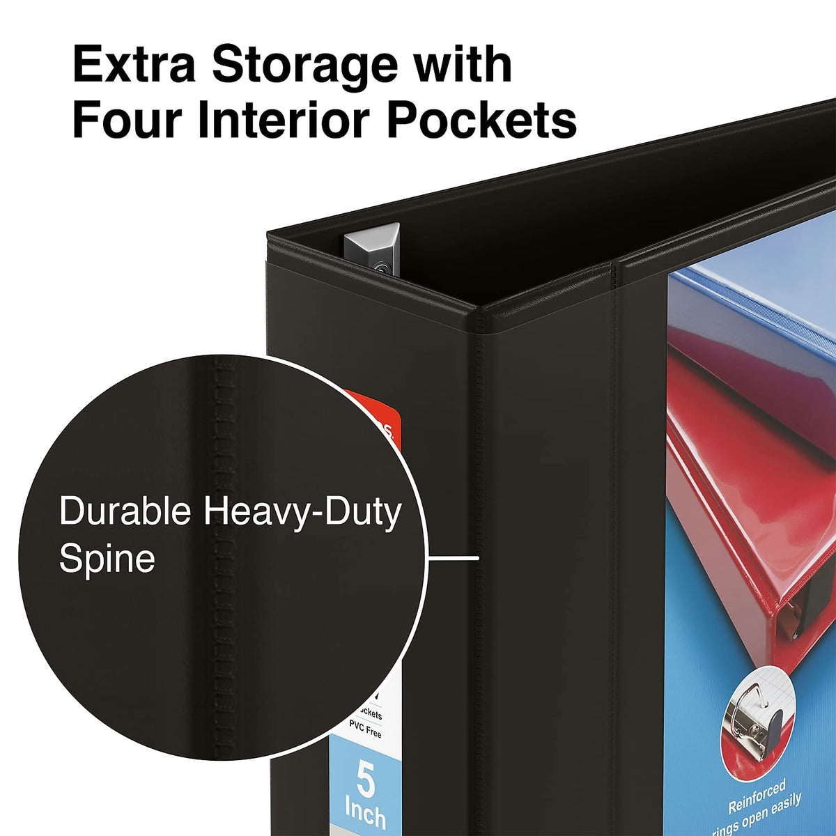 Staples Heavy-Duty 5-Inch 3-Ring View Binder with D-Rings, 4 Interior Pockets for High-Capacity