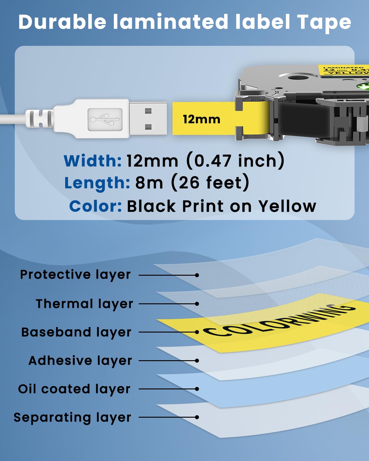 COLORWING TZe-631 Yellow Label Maker Tape TZE TZ Tape 12mm 0.47 Laminated