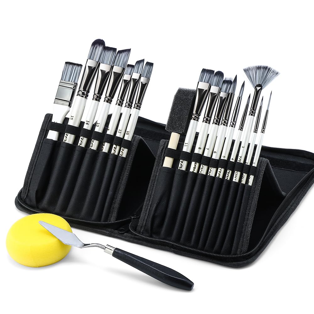 Transon 20Pcs Art Paint Brush Kit with Storage Case, 16 Brushes + Foam Brush Spatula Sponge for