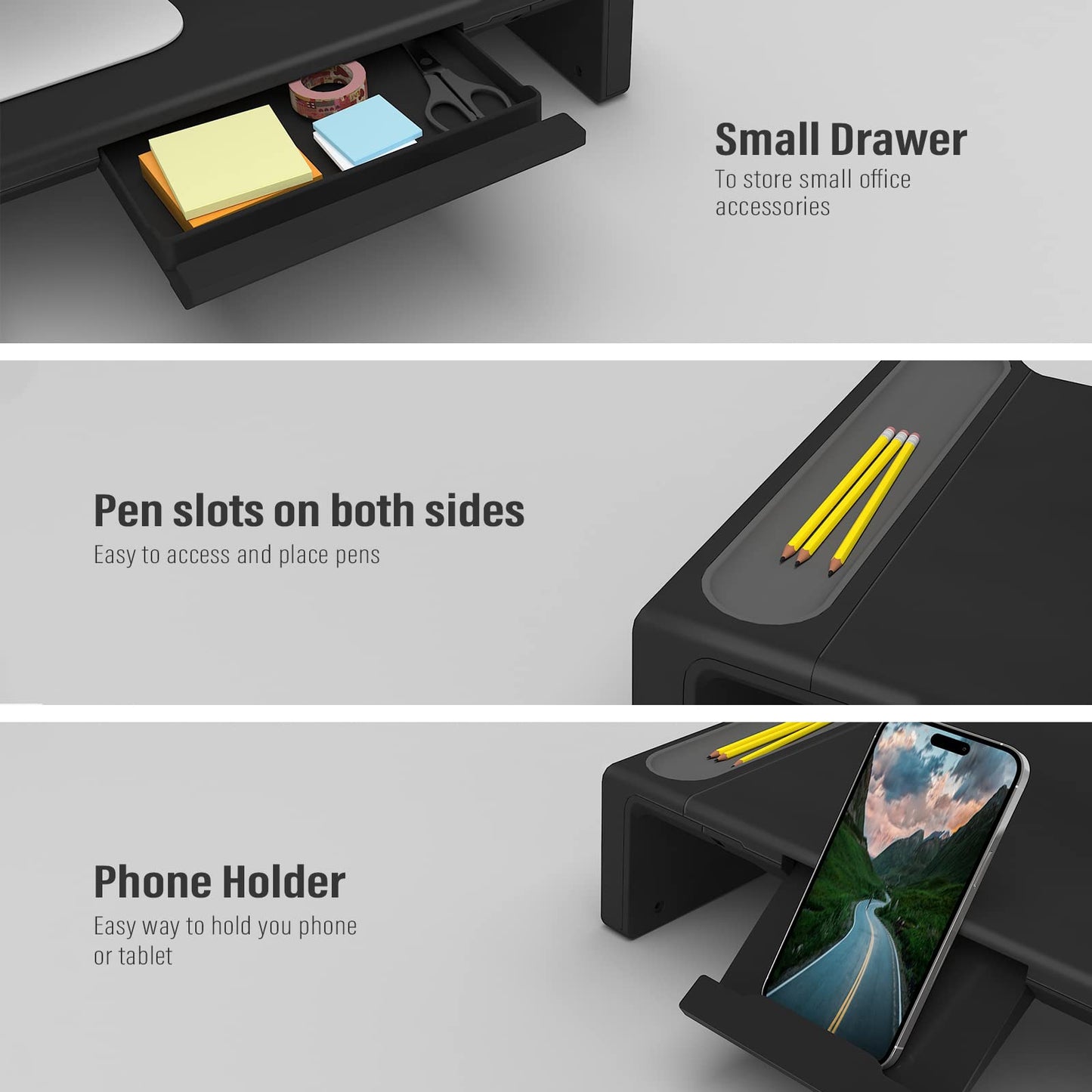 Adjustable Monitor Riser with Drawer & Phone Holder, Foldable Desk Stand