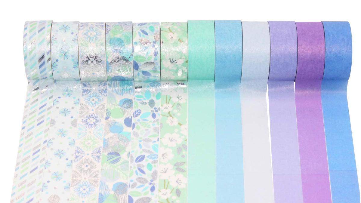 YUBBAEX 12 Rolls Blue Silver Washi Tape Set Masking Decorative Tapes (Blue Mix)