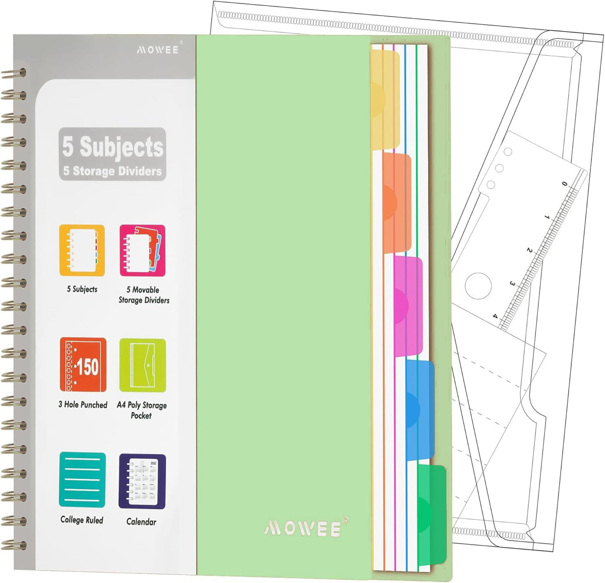 MOWEE 5-Subject Spiral Notebook, College Ruled, with Pocket & Tab Dividers