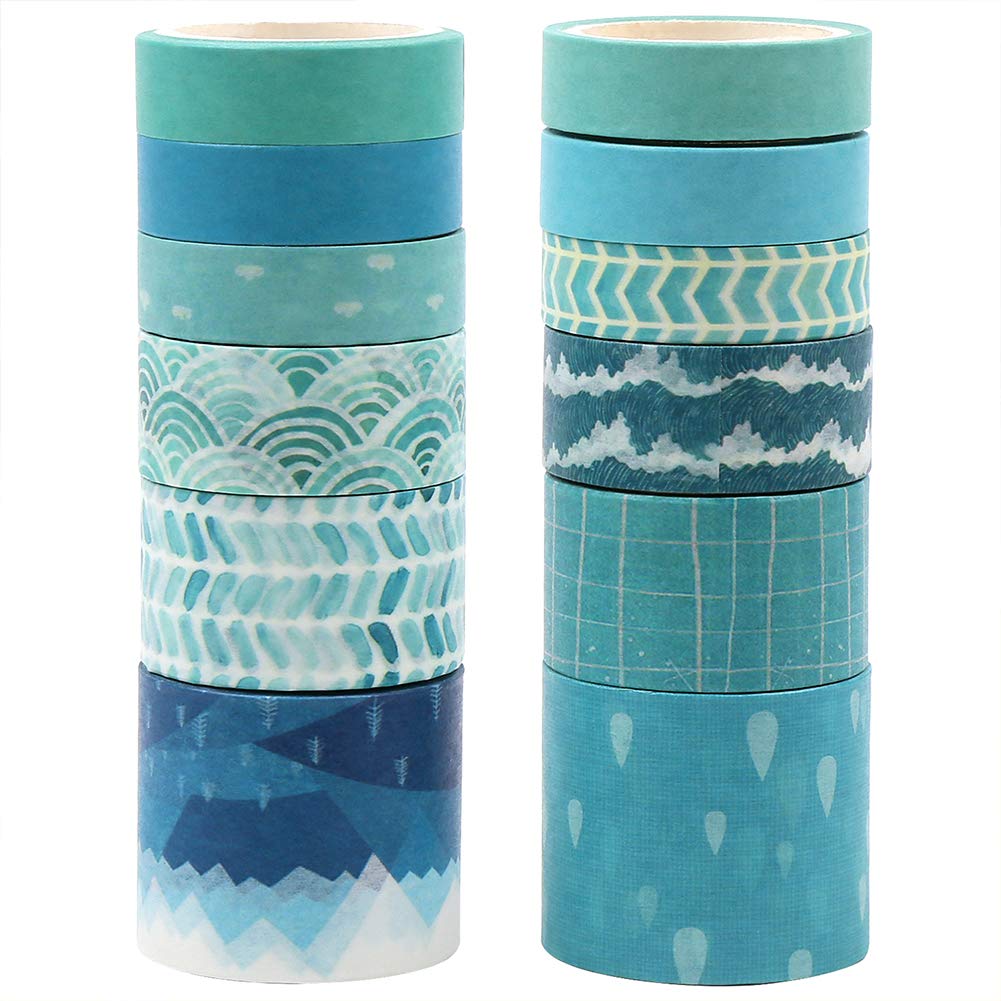 CCINEE 12 Rolls Washi Tape Set,Blue Decorative Masking Tape Assortment for Planner Bullet Journal