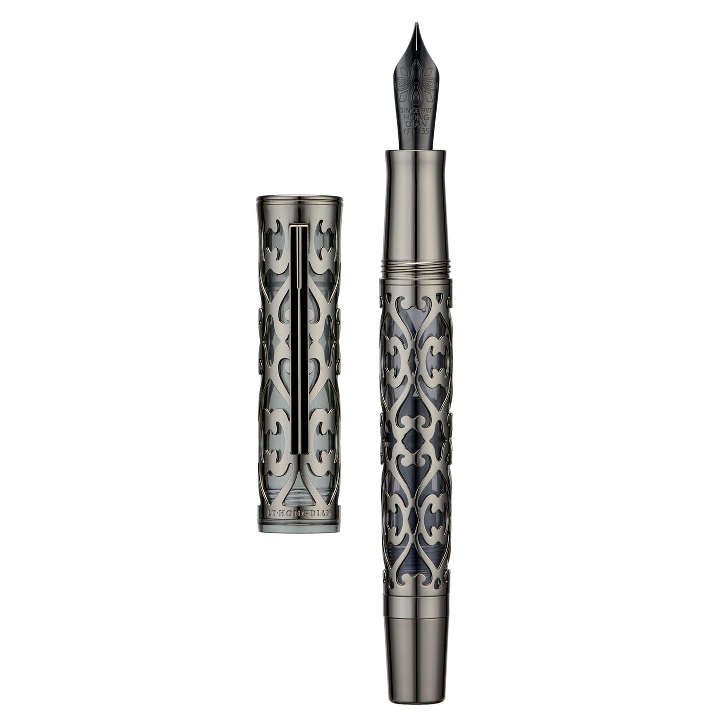 HONG DIAN D1 Piston Fountain Pen Fine Soft Nib, Jet Black Hollow Skeleton & Resin Pen with Metal