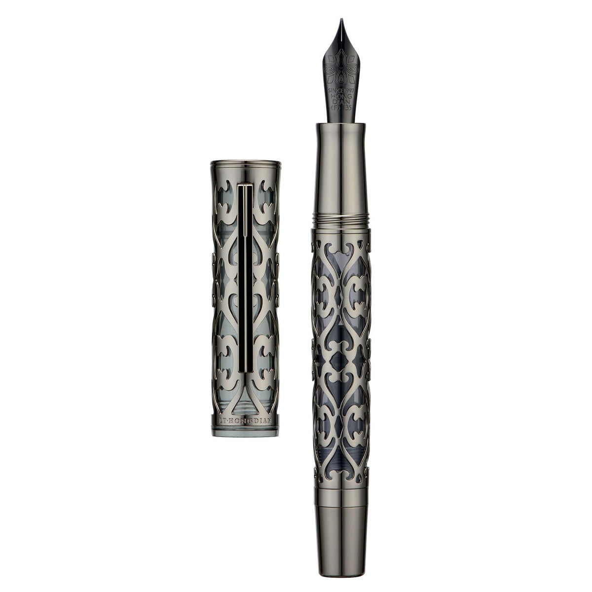 HONG DIAN D1 Piston Fountain Pen Fine Soft Nib, Jet Black Hollow Skeleton & Resin Pen with Metal