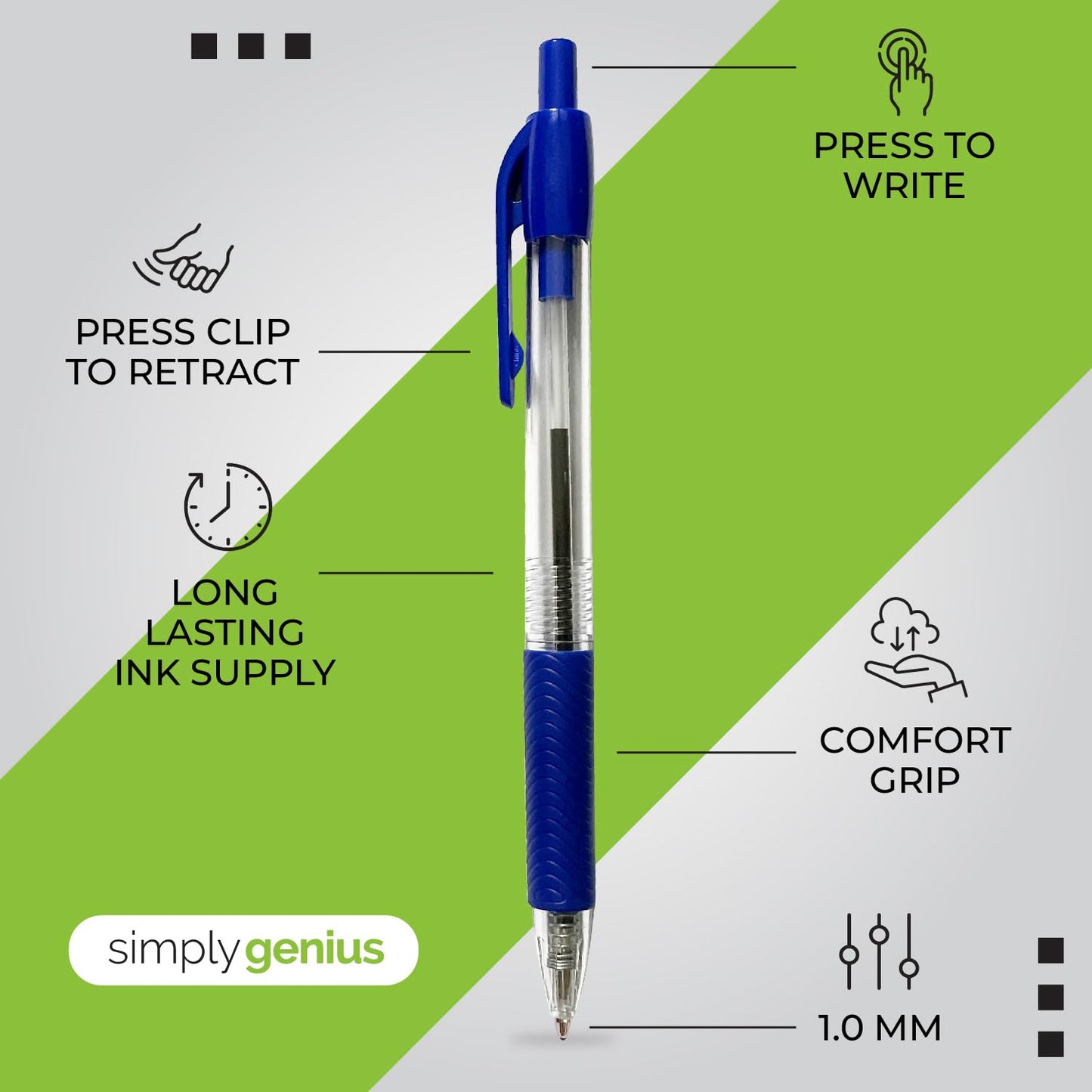 Simply Genius Blue Ballpoint Pens - 200 Bulk Pens, Retractable, Blue Ink - Smooth Writing &