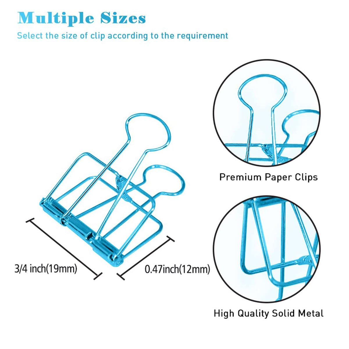Small Binder Clips, 36 Pack, 3/4 Inch, Standard 19mm, Hollow Out Blue, Paper Clips, Fold Clamp