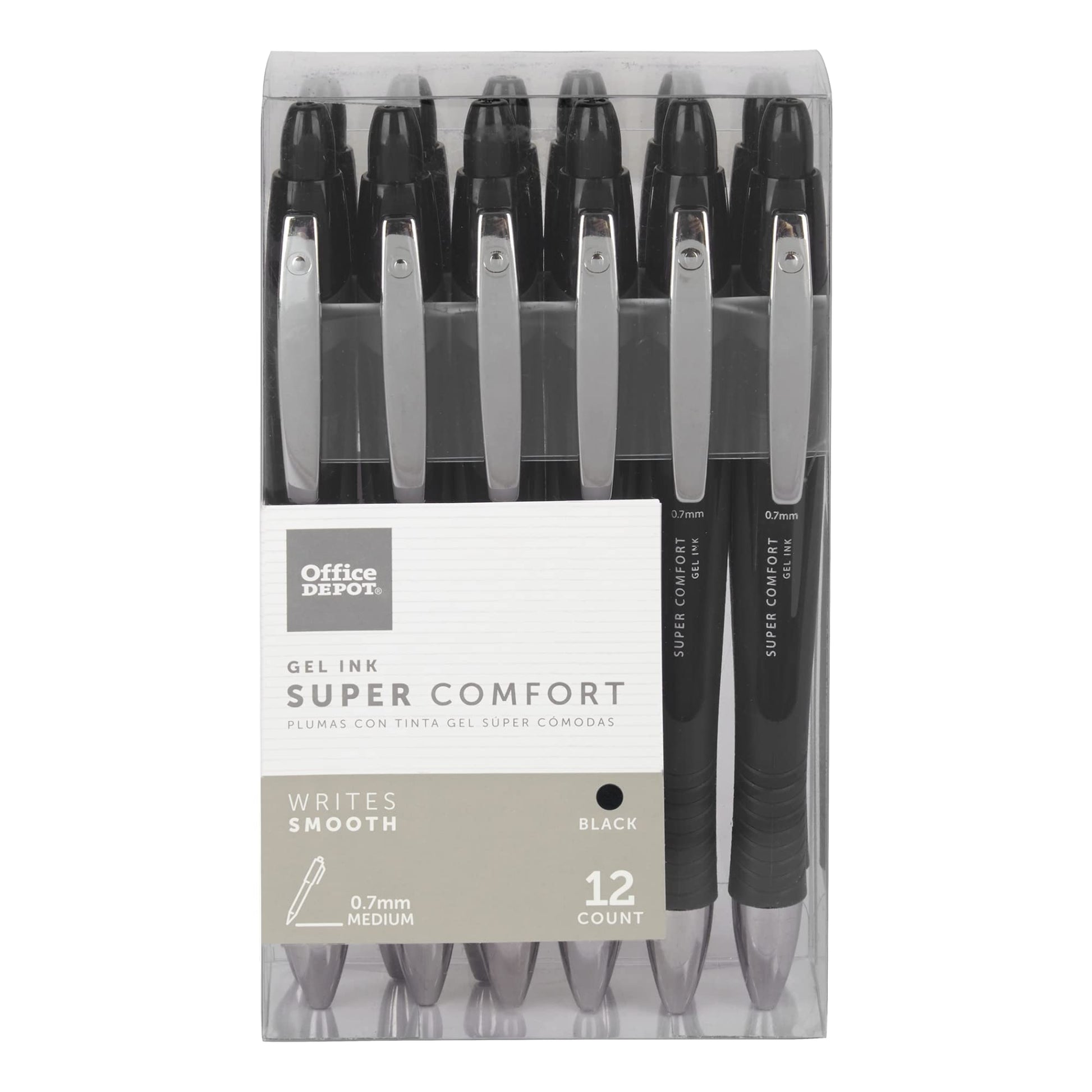 Office Depot Super Comfort Grip Retractable Gel Pens, Medium Point, 0.7 mm, Black Barrel, Black