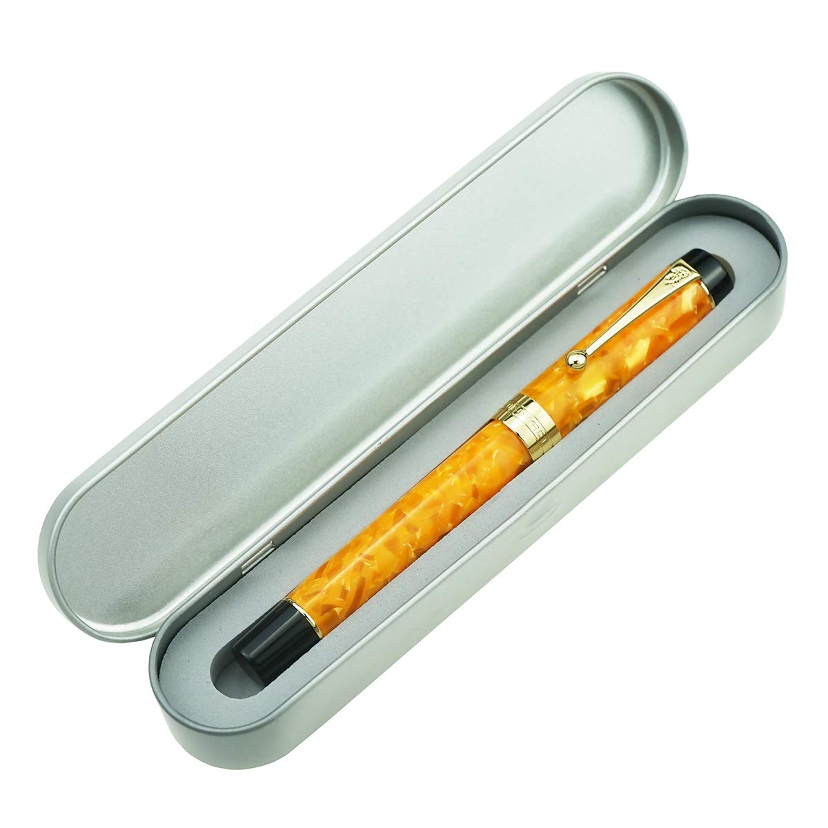 Jinhao 100 Classic Fountain Pen Orange Marble Celluloid, Extra Fine Nib with Converter and Pen Case