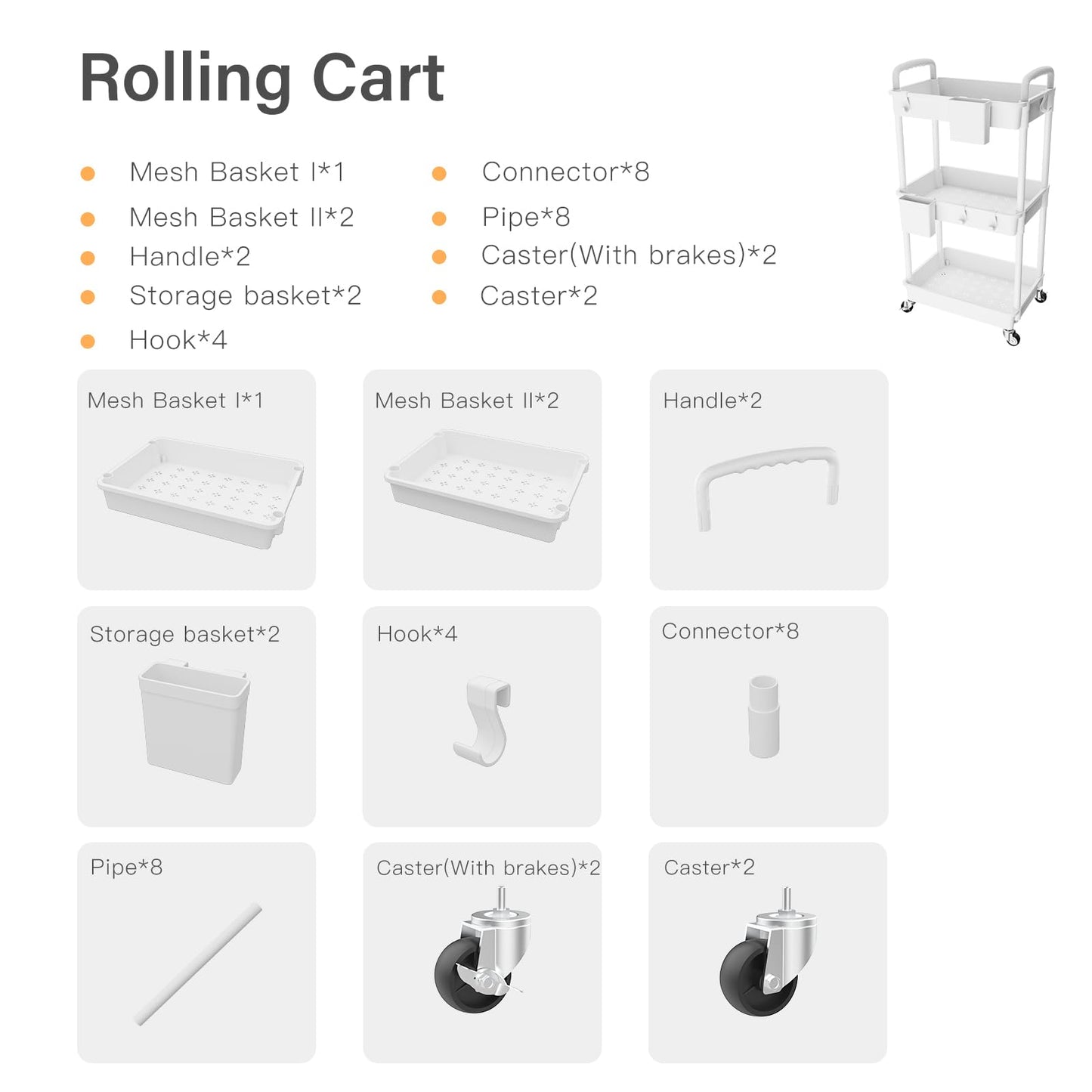 3 Tier Rolling Utility Cart with Handle,REBECAT Utility Cart Made of Multifunctional Storage