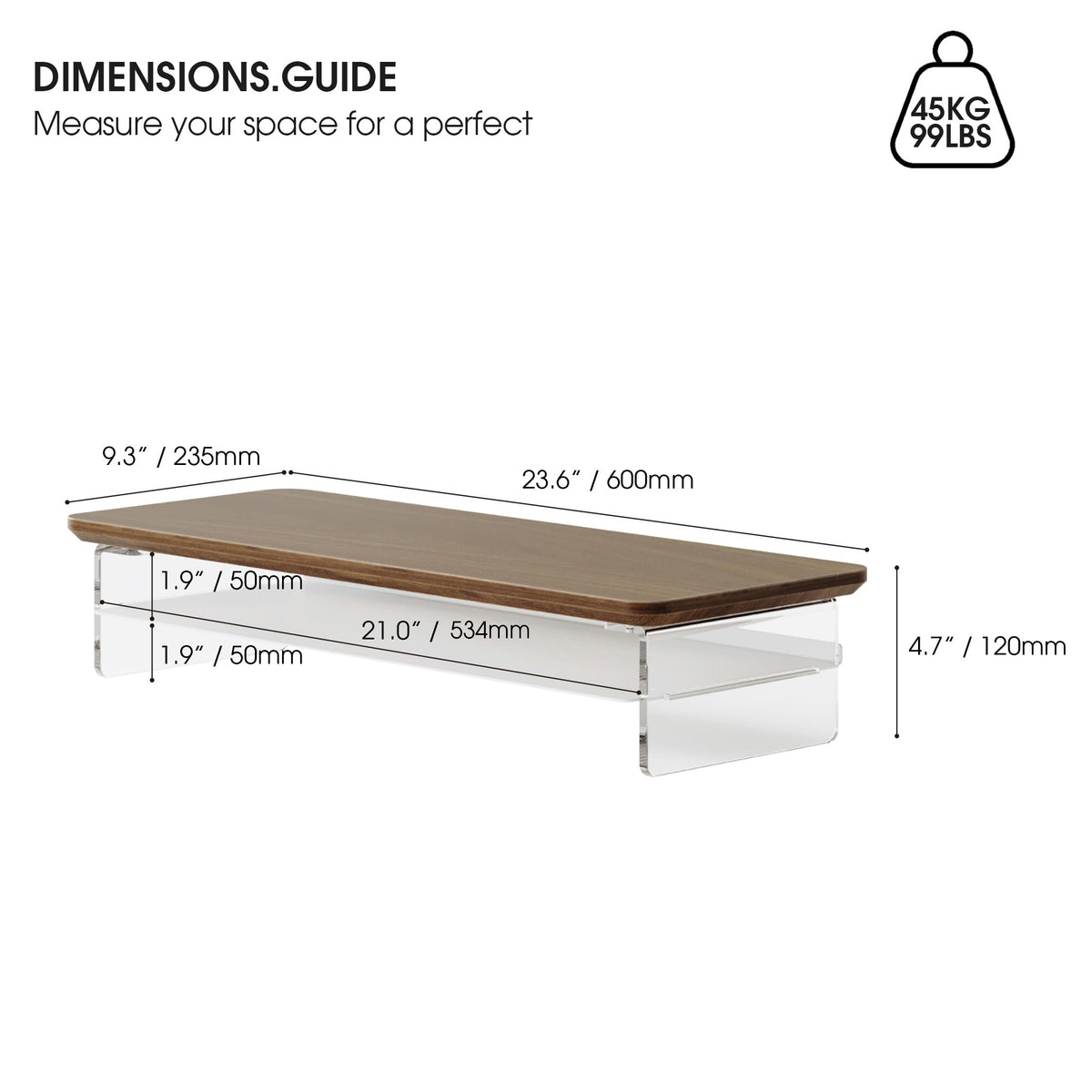 Fenge 23.6" Monitor Stand with Clear Acrylic Legs, Brown