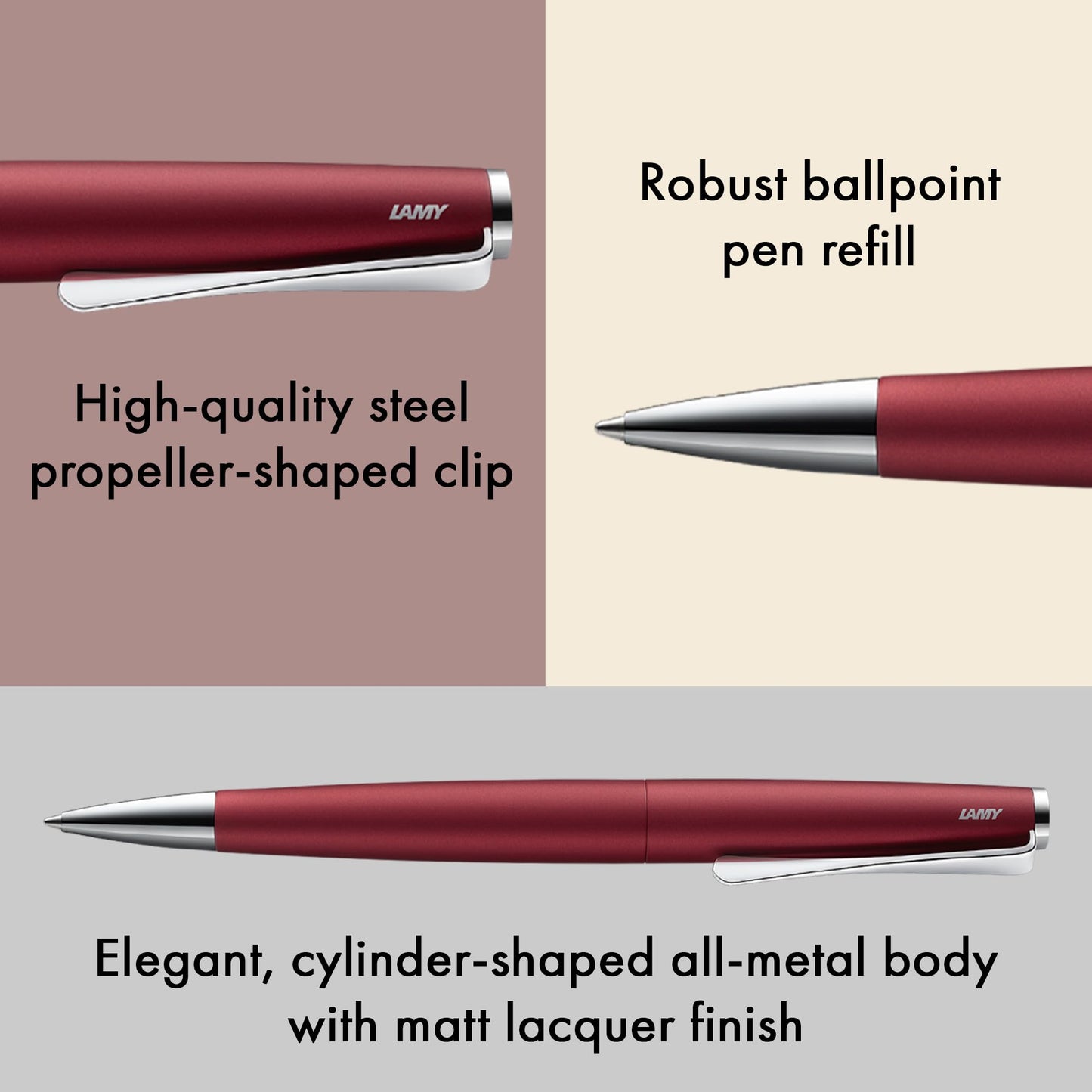 Lamy studio royalred - ballpoint pen in elegant stainless steel casing - with propeller-shaped clip